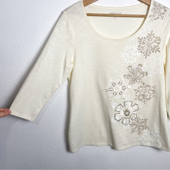 ColdWater Creek cream long sleeve blouse with snow flake accents Sz.S (6-8) - Picture 5 of 8